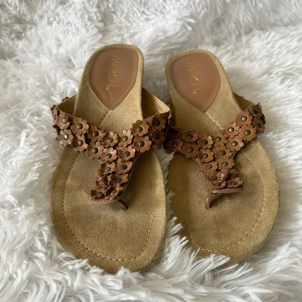 Markon Cordelia Sandals Womens‎ 7.5 Brown Slip On Wedge Floral Boho Cottagecore